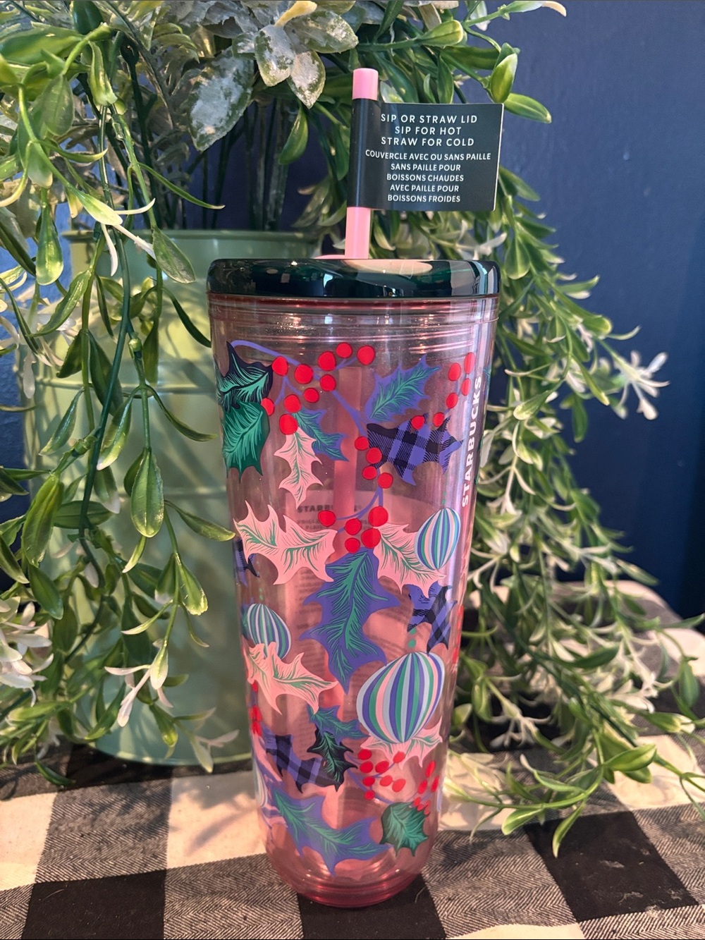 Starbucks Pink Holiday Tumbler with Green Lid and Multicolor Holiday Print